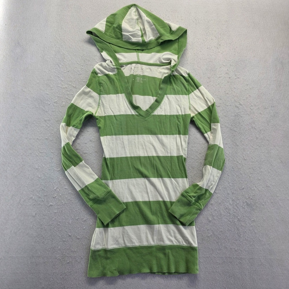 Aeropostale Green White Striped V-Neck Hoodie XS Y2k Bella Swan
